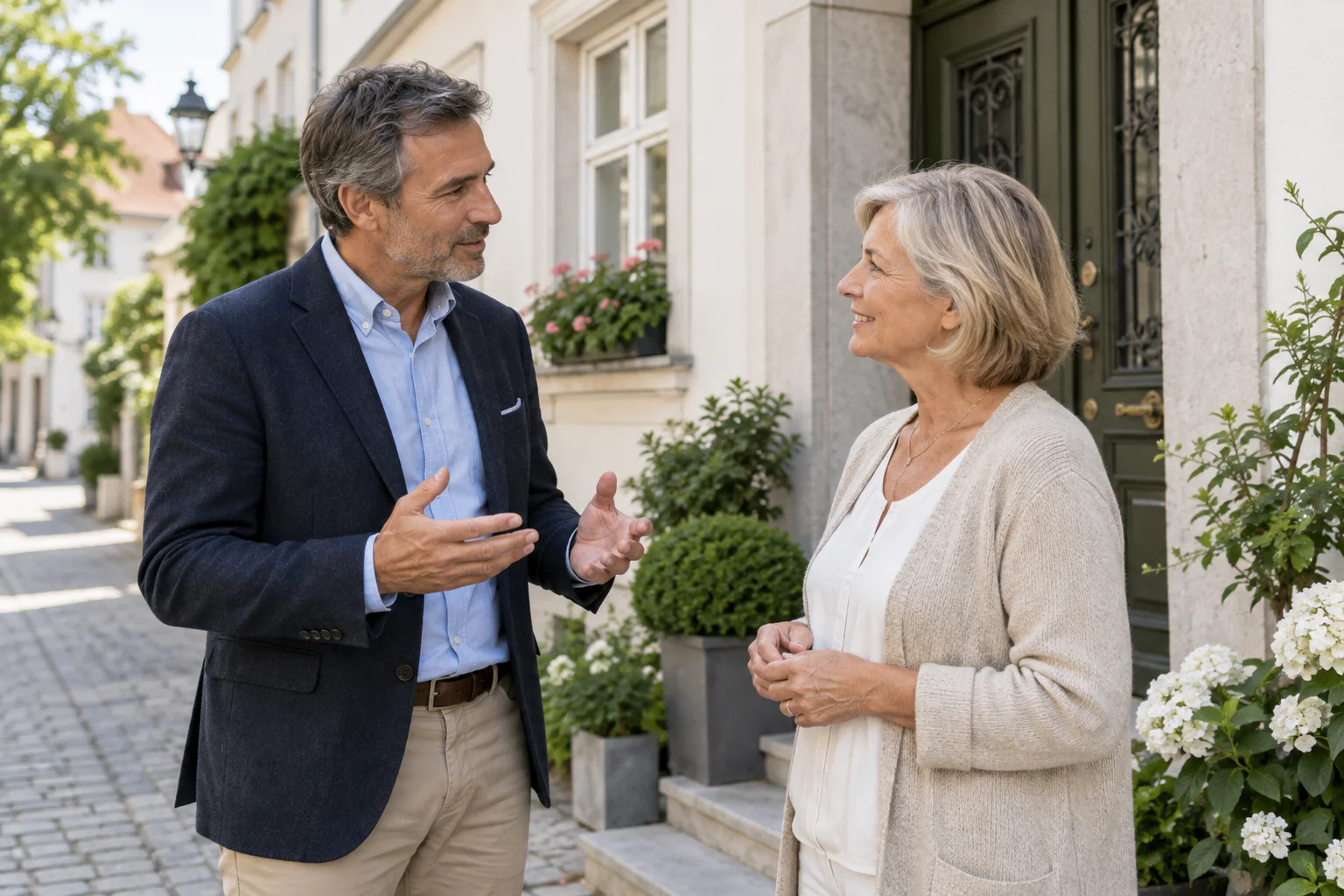 Erfahrener Marketingleiter spricht mit einer Eigentümerin vor einem Stadthaus